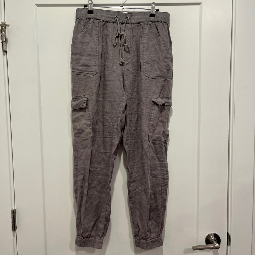Nicole Miller New York Womens Grey 100% Linen Cargo Jogger Pants Size Medium